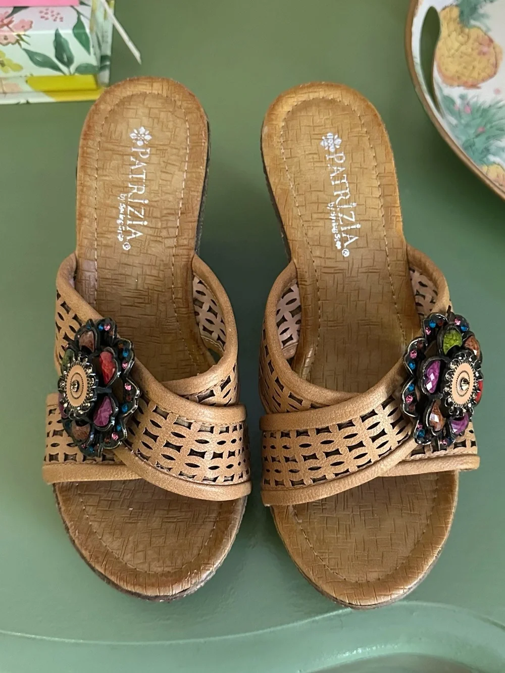 Patrizia Spring Step Tan Floral Jewel Accent Slide Platform Wedge Sandal 38/7.5